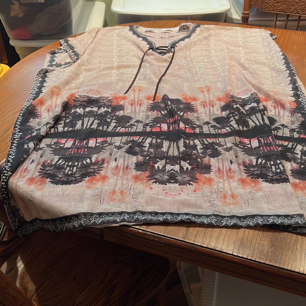 Cream Kaftan In Multi-Colored With Tree Design La… - image 2